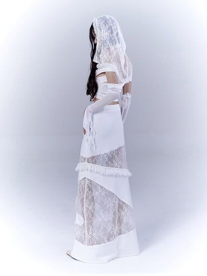 White Low Waist Lace Patches Cross Applique Punk Skirt with Buckle Belt