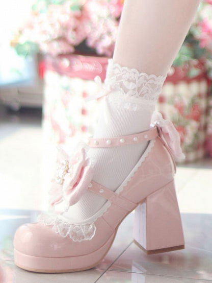 Polished Dusty Pink Detachable Rhinestone And Beaded Decorated Bowknot Lace Trim Platform High Block Heels