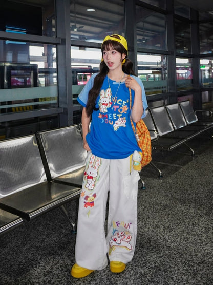 Cartoon Bunny Print White Low Waist Wide-leg Jeans