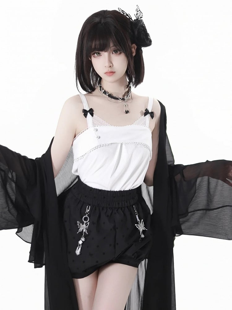 Black Cheongsam Style Polka-Dot Bubble Shorts with Butterfly Charms