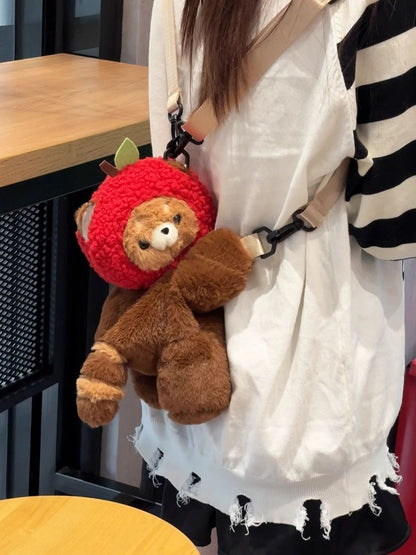 Brown Red Panda Plush Backpack/Crossbody Bag + Red Apple Hat+Keychain