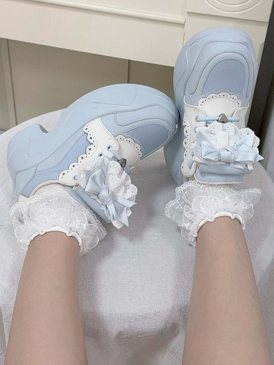 Blue Jirai Kei Detachable Bowknot Lace Trim Front Lace-up Ties Sneakers