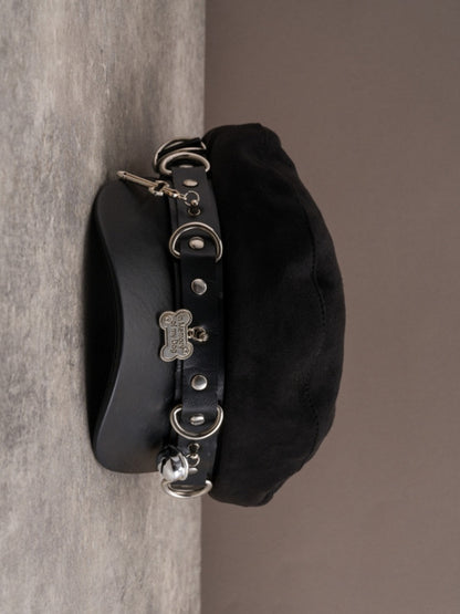 Black Gothic Studs Details Bone And Cross Charm Beret Hat