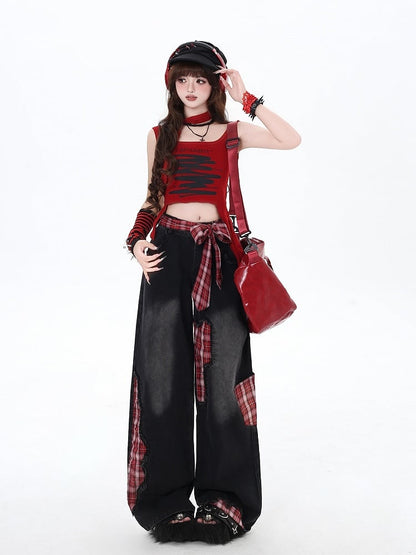 Red Plaid Bowknot Wide-leg Cut High Street Black Jeans