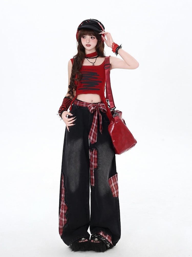 Red Plaid Bowknot Wide-leg Cut High Street Black Jeans