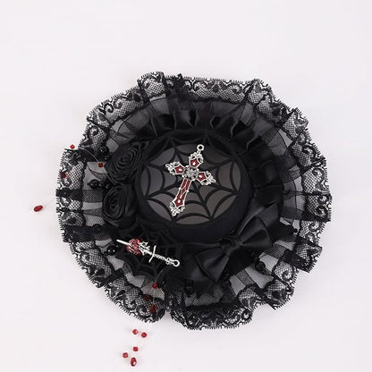 Gothic Black Rosette Design Bowknot Mini Flat Hat with Beads