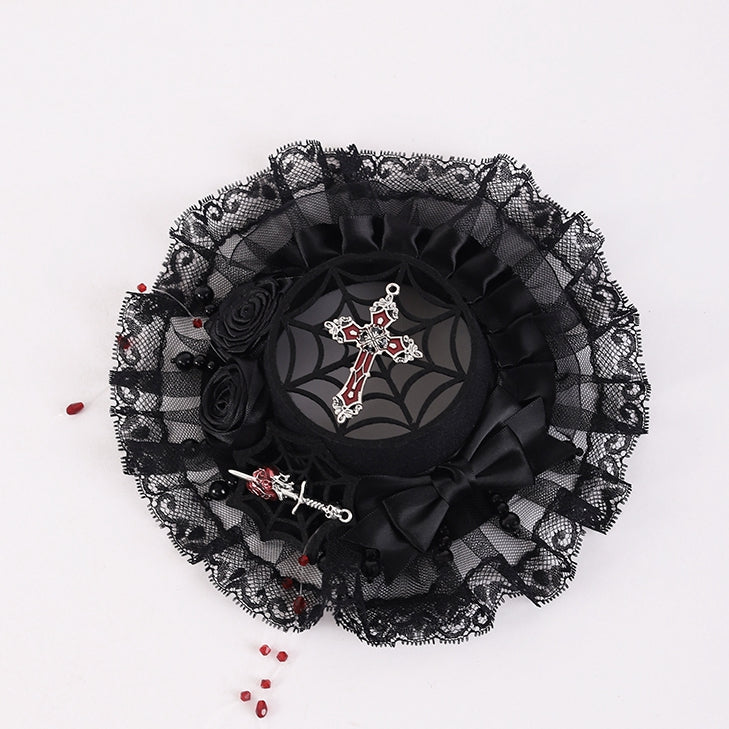 Gothic Black Rosette Design Bowknot Mini Flat Hat with Beads