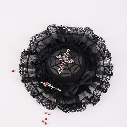 Gothic Black Rosette Design Bowknot Mini Flat Hat with Beads