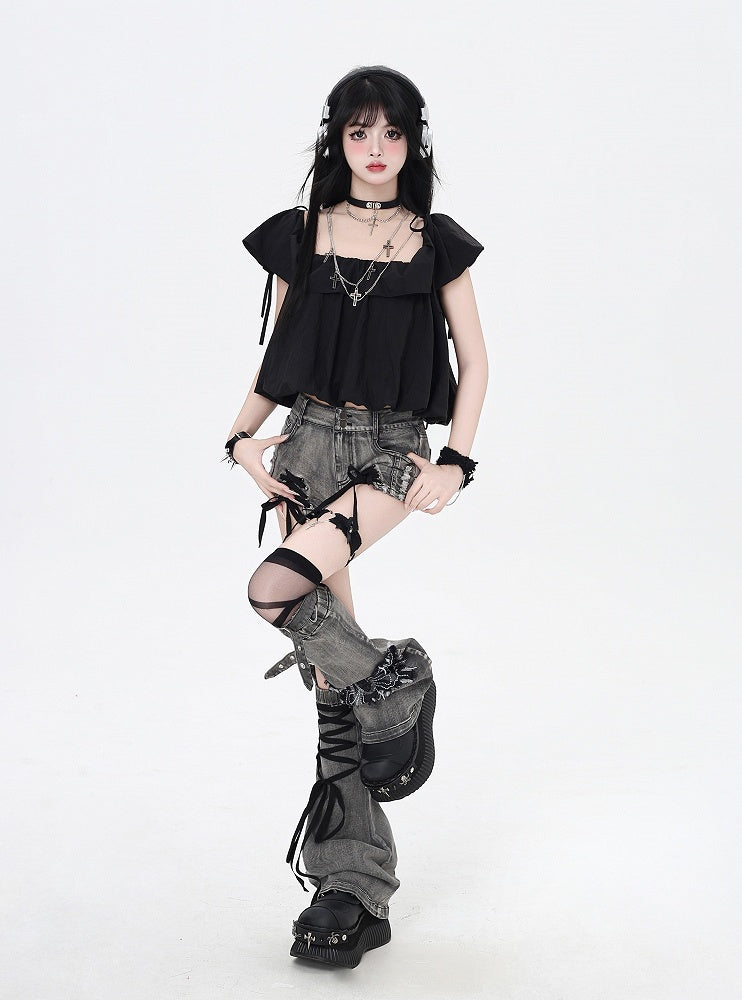 Dusty Gray Lace-up Details Hem Denim Shorts with Butterfly Applique Leg Warmers