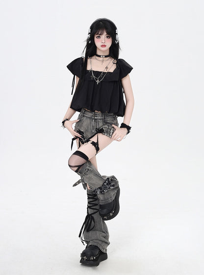 Dusty Gray Lace-up Details Hem Denim Shorts with Butterfly Applique Leg Warmers