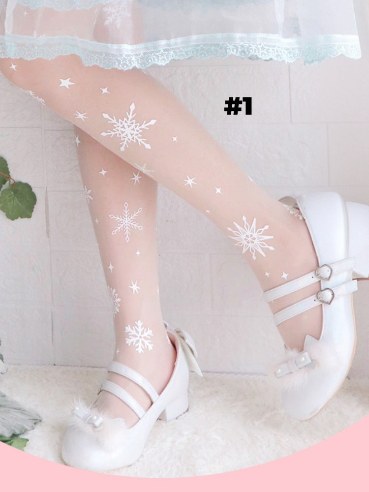 4 Options White/Black Snowflake Print Lolita Tights