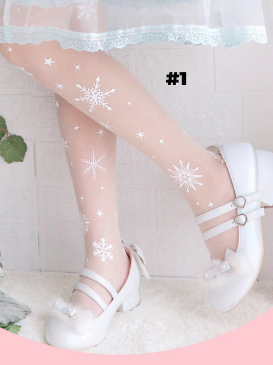 4 Options White/Black Snowflake Print Lolita Tights