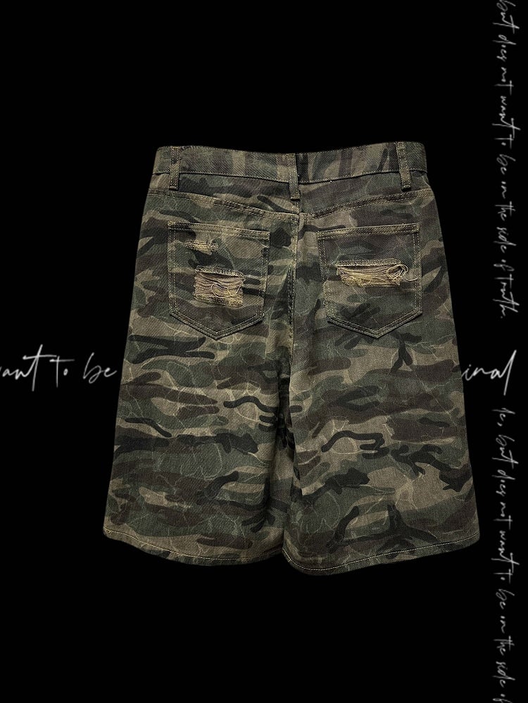 Camouflage Distressed Holes Wasteland Punk Wide-Leg Shorts