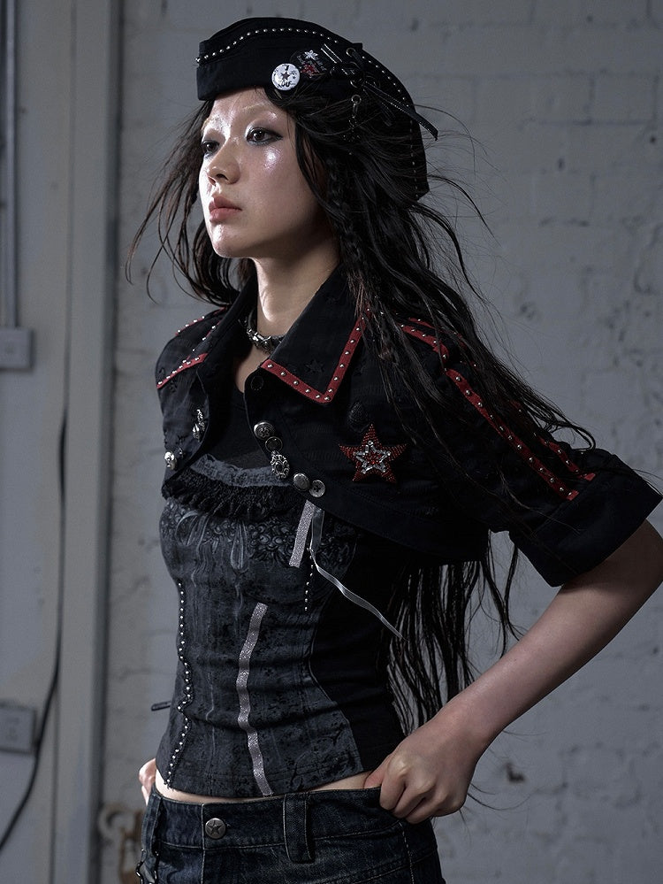 Black/White Navycore Lace-up Detail Cross Charm Punk Studded Sailor Hat