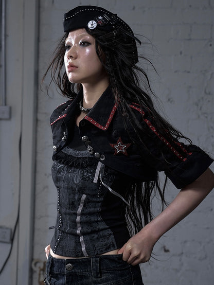 Black/White Navycore Lace-up Detail Cross Charm Punk Studded Sailor Hat