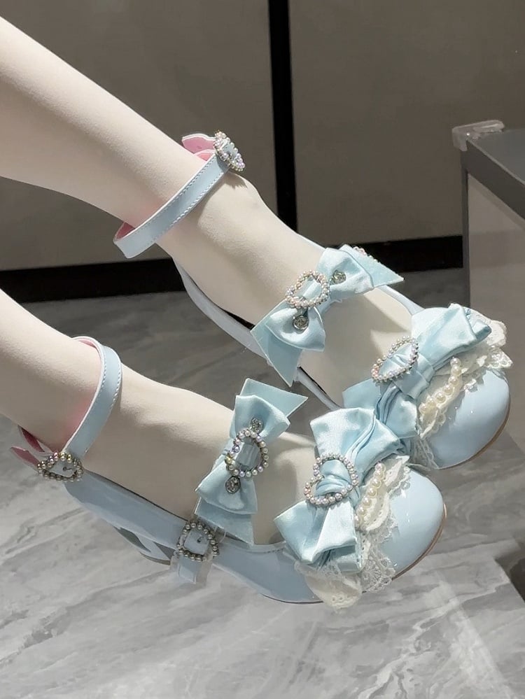 Blue Bow at Top Heart Cut-out Heels Mary Janes