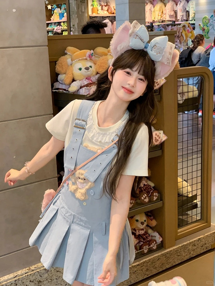 Plush Bear Applique Blue Box Pleat Overall Dress Adjustable Shoulder Straps