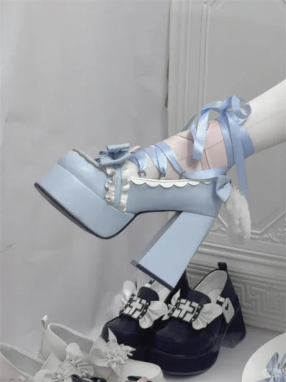 Cute Kitty Tails Blue Bow at Top Sweet Lolita Platform High Heels Lace-up at Ankle