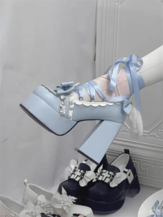 Cute Kitty Tails Blue Bow at Top Sweet Lolita Platform High Heels Lace-up at Ankle