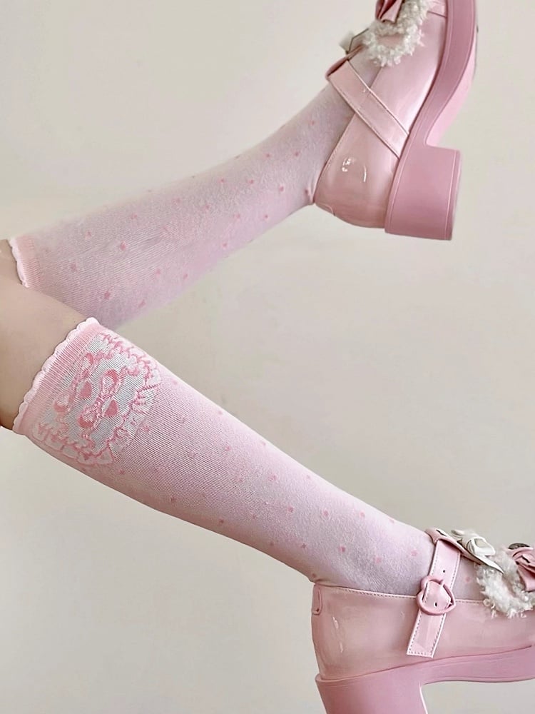 Pink Bowknot Print Polka-dot Pattern Lolita Calf Socks