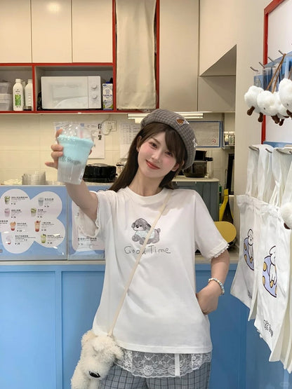 Adorable Puppy Print White Round Neck Loose T-shirt