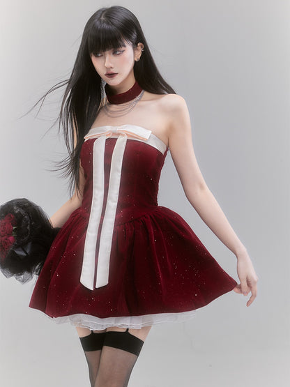 Red Off-the-shoulder Neckline Big Bow Sequins Puffy Dress