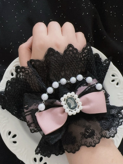 5 Color Options Beaded Charm Rhinestone Decorated Bowknot Lace Wrist Cuffs