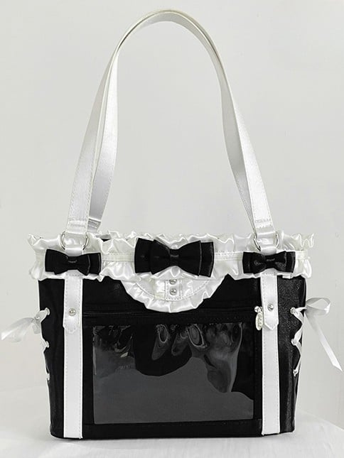 Black&White Bowknot Details Ruffles Trim Lace-up Design Ita Bag