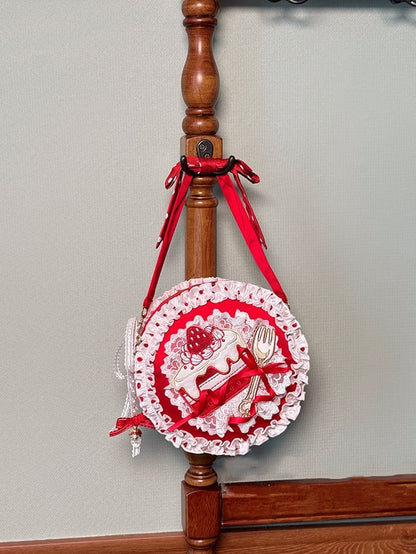 White and Red Strawberry Cake Embroidery Round Bag