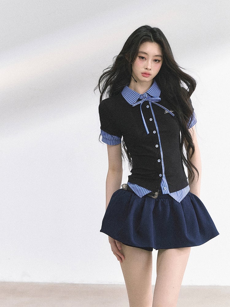 Black and Blue Stripes Preppy Style T-shirt Faux Two-pieces