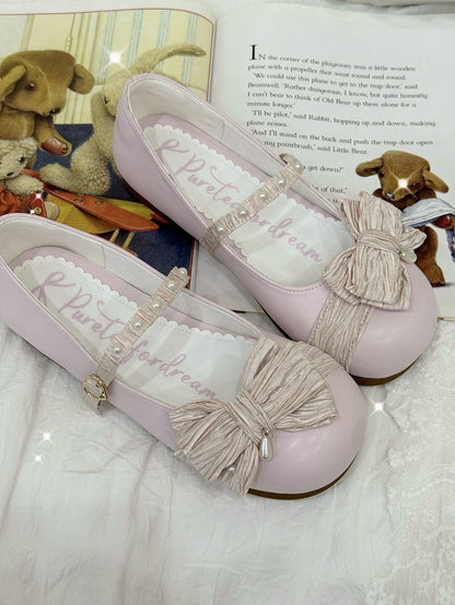 Strawberry Pink Beaded Decorated Bow at Top Heart Buckle Round Toe Lolita Shoes