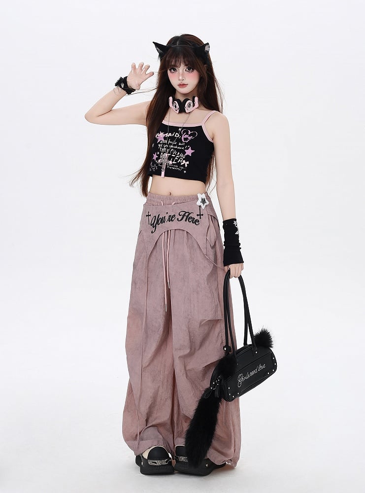 Dusty Pink Drawstring Waist Wasteland Punk Pants with Asymmetrical Waist Accessory