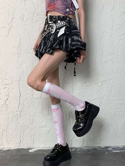 White&Pink Y2K Star And Diamond Pattern Underknee Stockings