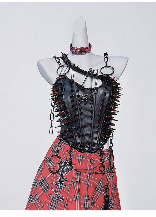 Black Punk Stud Pin Chain Detail PU Cami Top with Lace-up Closure at Back