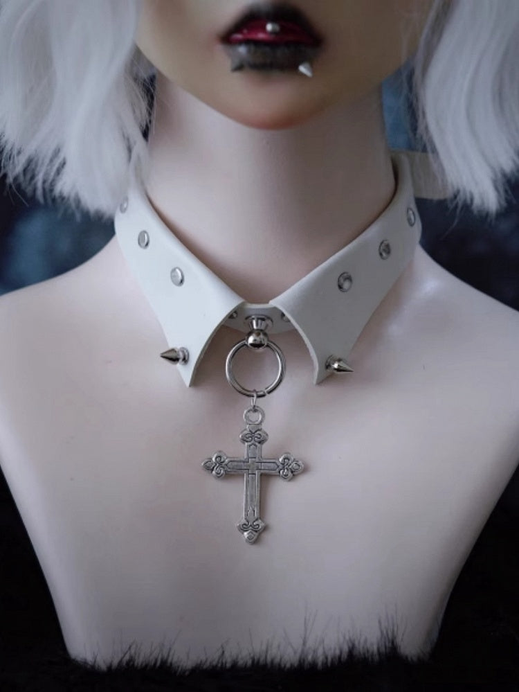 Cross Pendant White Studs Gothic PU Choker