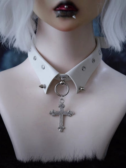 Cross Pendant White Studs Gothic PU Choker
