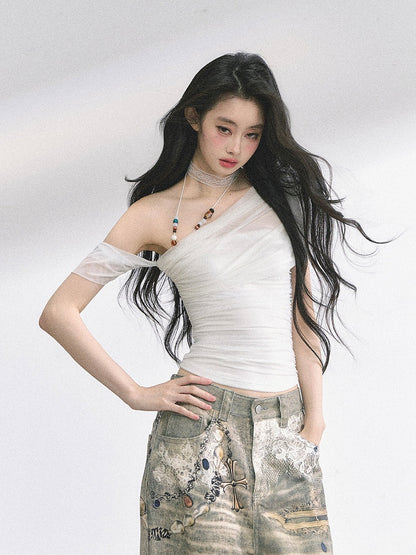 White/Black Asymmetrical Neckline Slim-fitting T-shirt Beaded Halter Top