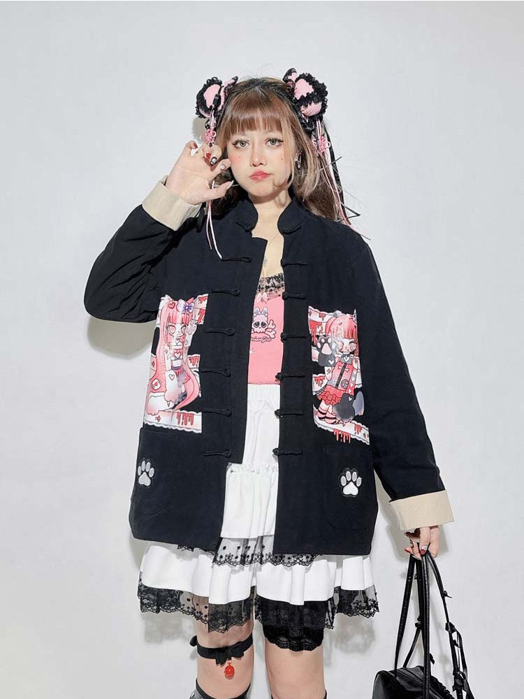 Black Cartoon Anime Print Banded Collar Oversized Top