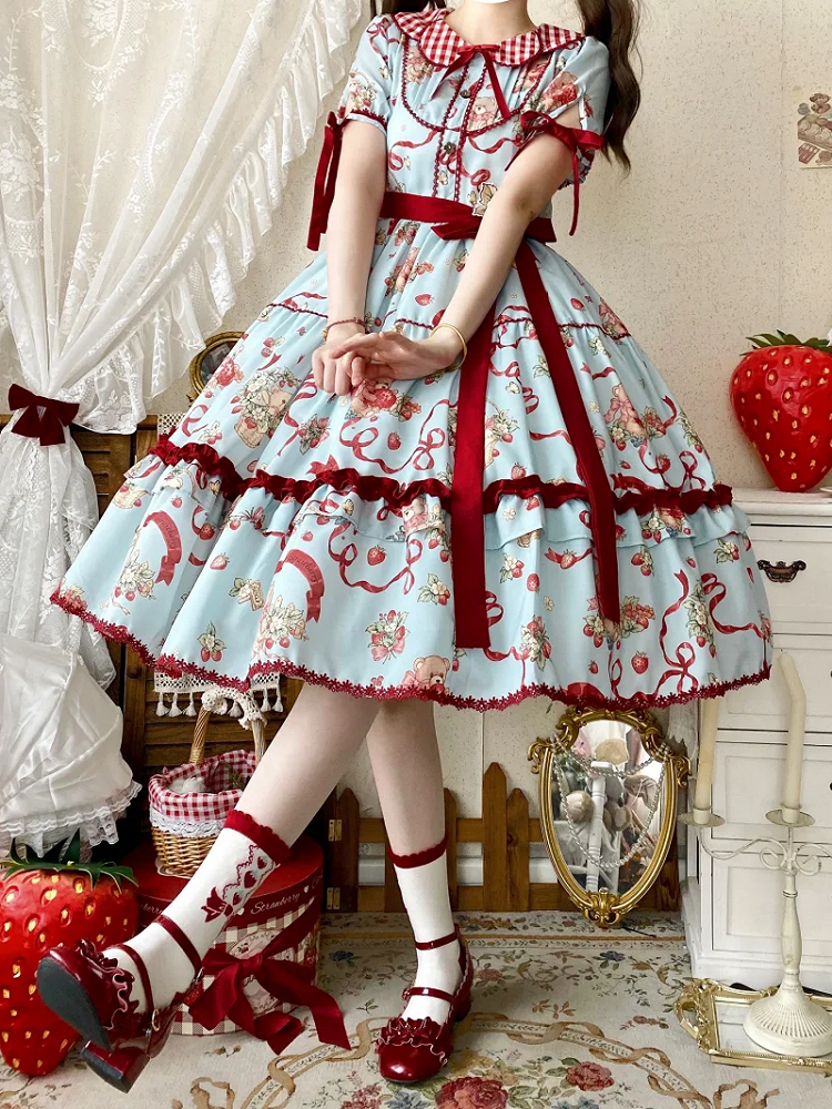 Teddy and Strawberry Print Blue Lolita Short Sleeves Dress