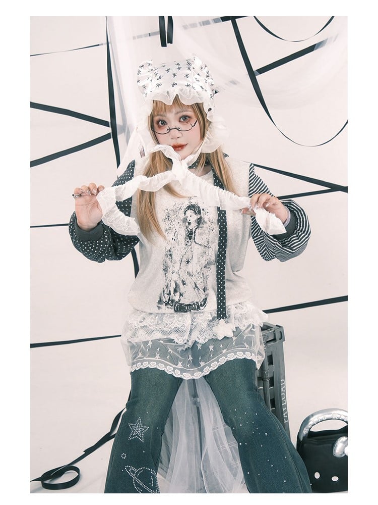 Plus Size Y2K White Sheer Overskirt with Floral & Star Embroidery