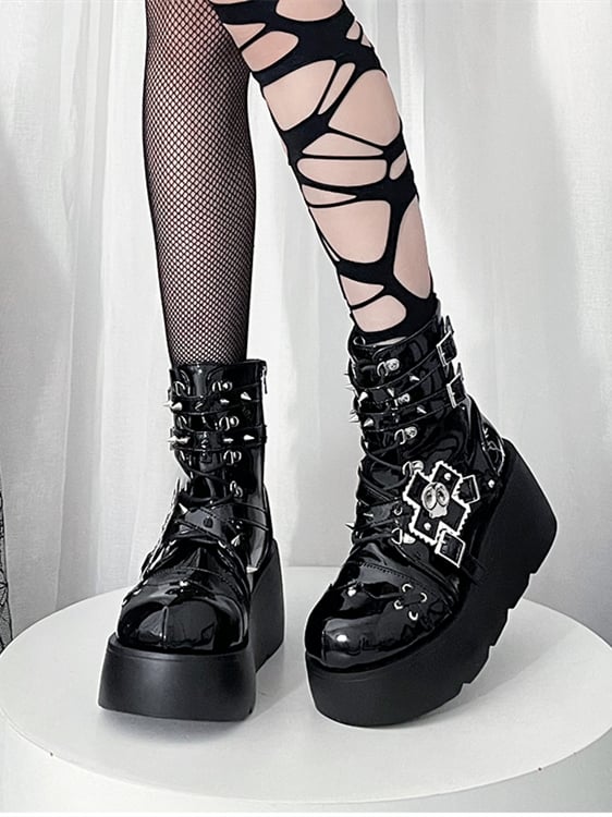 Metal Skull Polished Black Punk Wedge Platform Boots Spike Stud Detailing