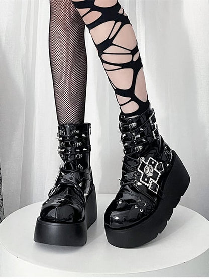 Metal Skull Polished Black Punk Wedge Platform Boots Spike Stud Detailing