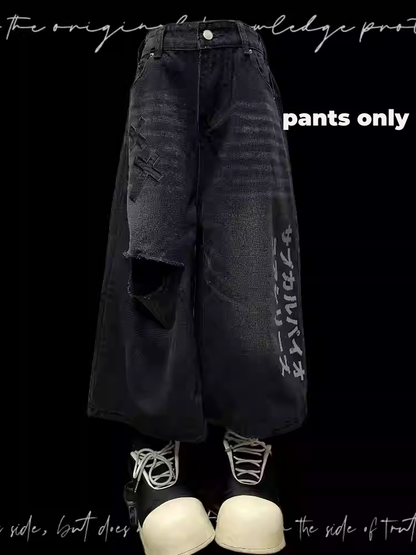 Black Cross Appliques Distressed Holes Vintage Straight-Leg Jeans