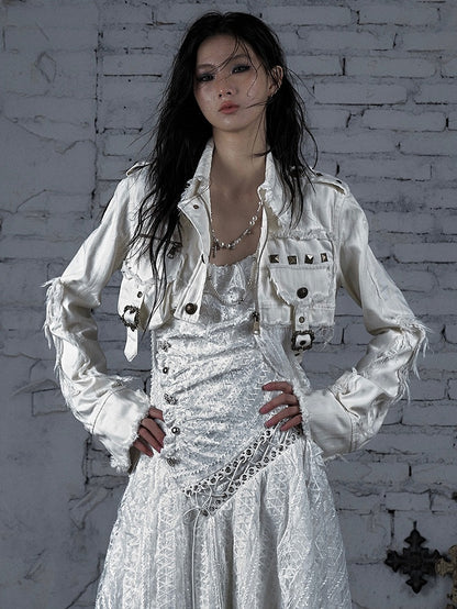 White Wasteland Punk Studs And Buckle Decorated Cropped Jacket