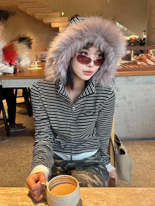 Black & White Striped Hoodie with Plush Fur Hood
