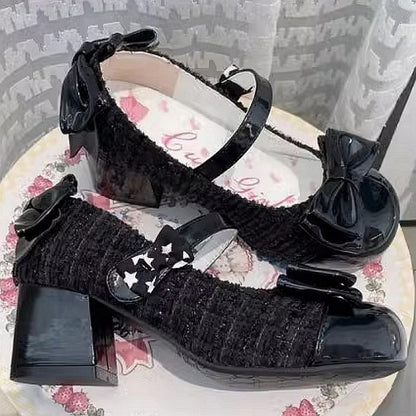 Black Bowknot Round Toe 5.5CM Block Heel Lolita Mary Janes