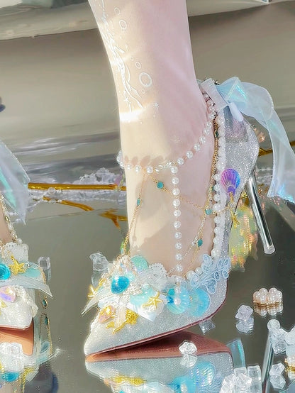 Silver Rhinestone And Beaded Decorated Conch Details Pointed Toe 7.5CM/10.5CM High Heels