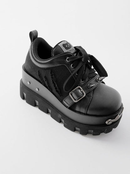 Black Punk Studs Details Buckle Strap Front Lace-up Ties Platforms