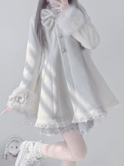 Jirai Kei White Wool Blend Coat with Detachable Bunny Hood | A-Line Winter Style