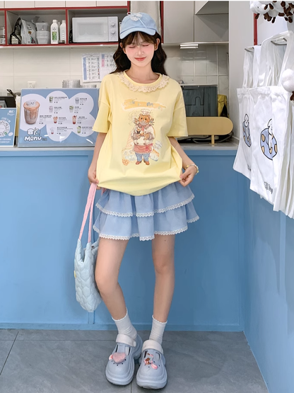 Chef Mouse Print Lace Trim Neckline Yellow Round Neck Loose Cotton T-shirt
